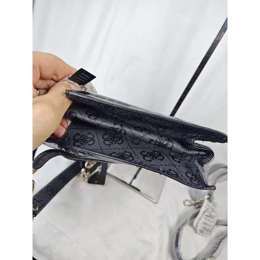 Guess Laurita LE259506 Black Leopard Print Patent Bow Flap Shoulder Handbag NWT
